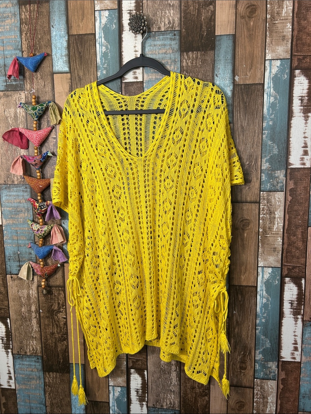 Bright Yellow Crochet V-Neck Swim Cover-Up Poncho